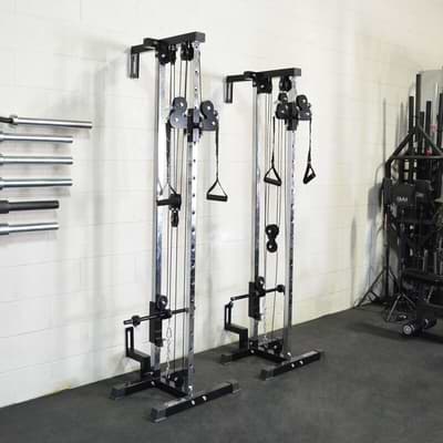 Titan Fitness wall mounted cable machine with dual pulleys - tall and short versions